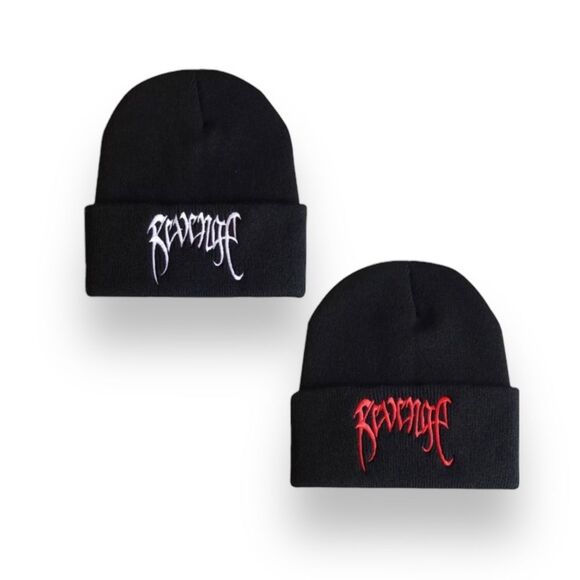 NEW Red Revenge Embroidery Flip Up Black Rib Knit Beanies - Picture 2 of 3